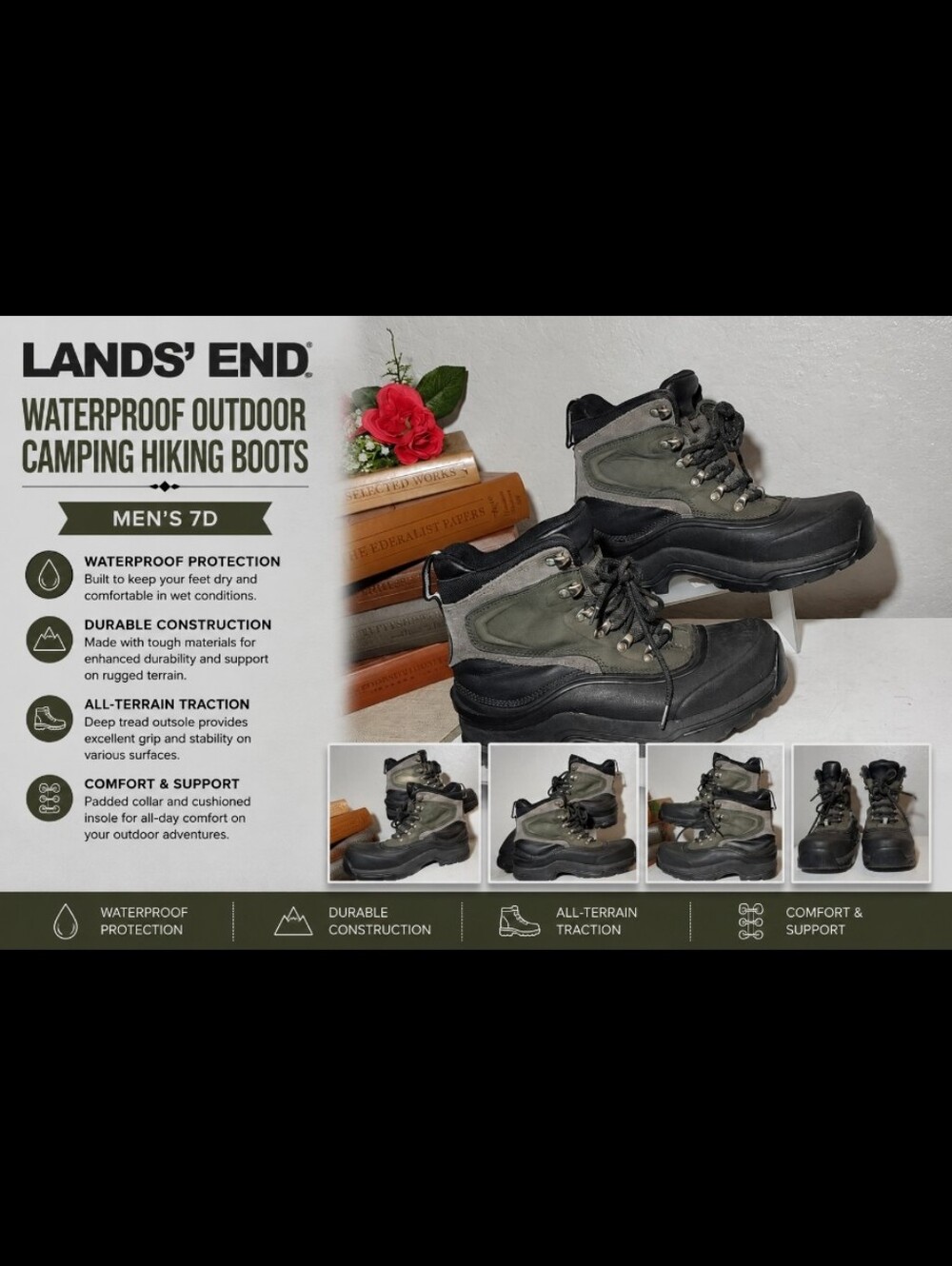 LANDS END Waterproof Outdoor Camping Hiking Boots 7D
